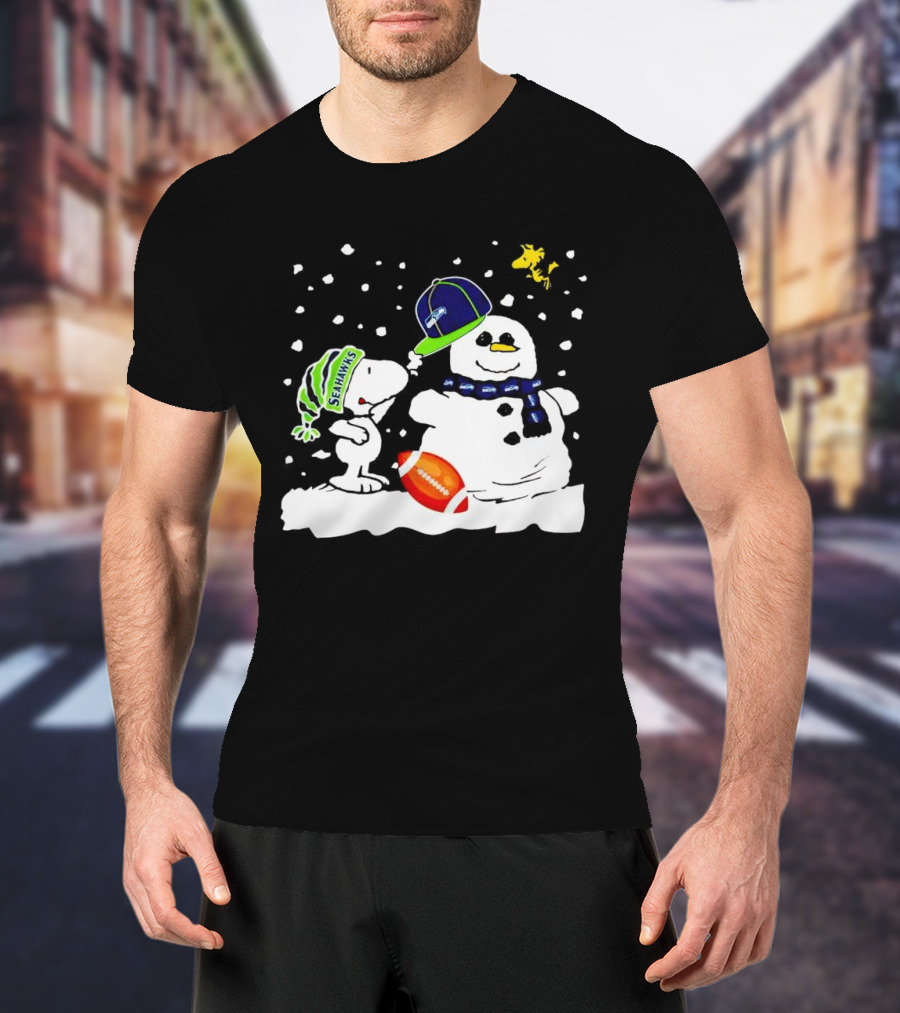 Seattle Seahawks Snoopy Snowman Hat Winter Football Scene T-Shirt
