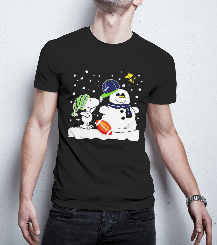 Seattle Seahawks Snoopy Snowman Hat Winter Football Scene T-Shirt