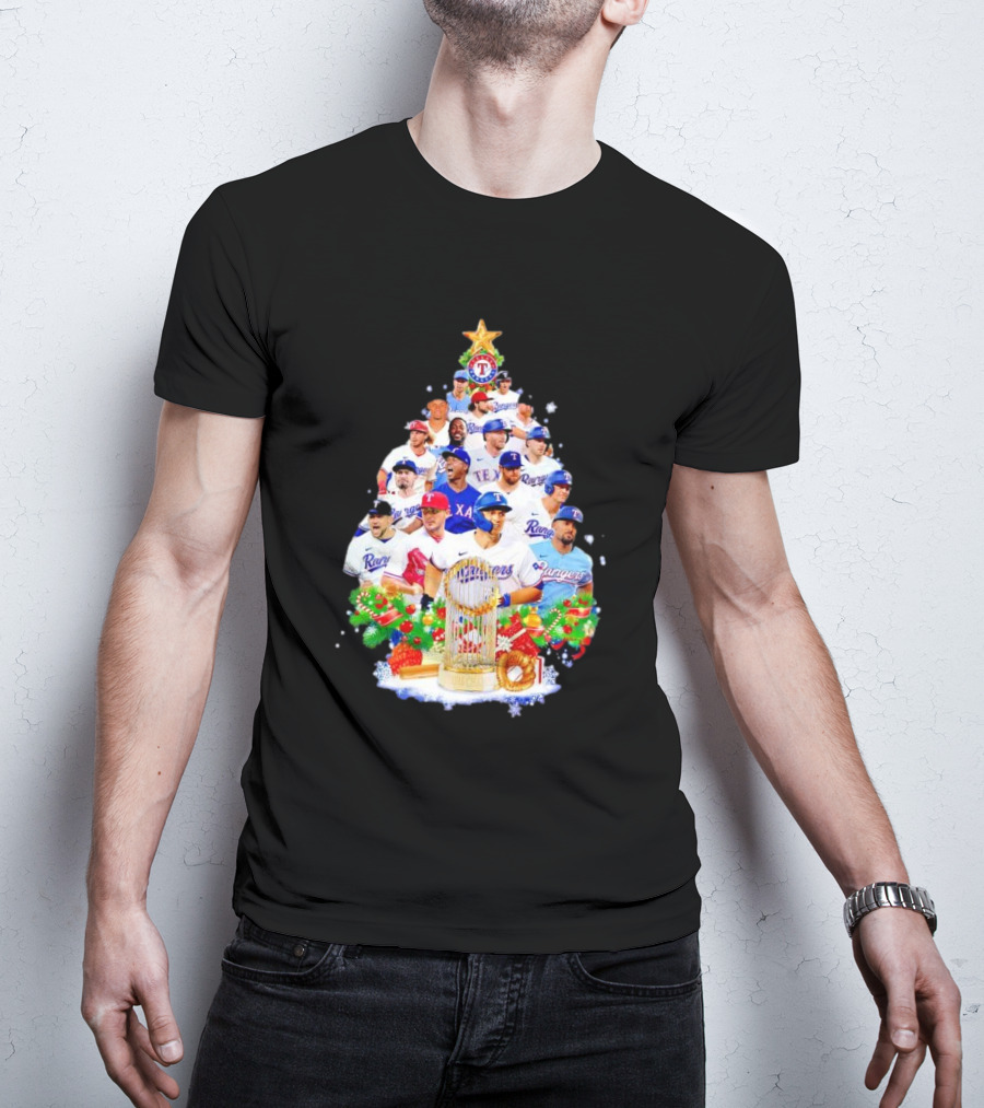 Texas Rangers Players Christmas Tree With Trophy And Ornaments T-Shirt