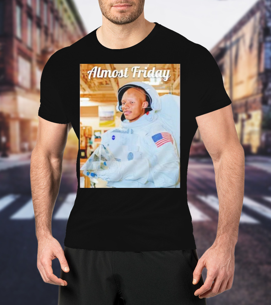 Almost Friday Astronaut Holding Crystal Model In NASA Spacesuit With American Flag Patch T-Shirt