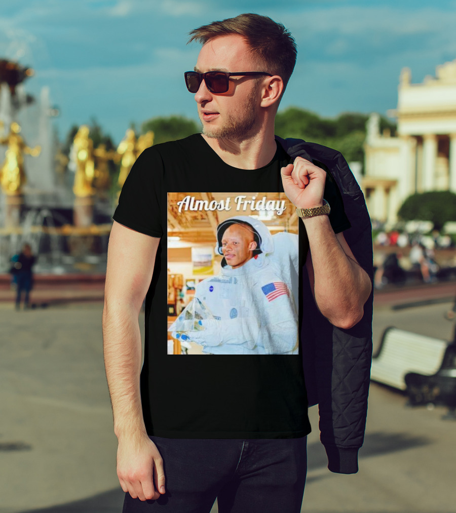 Almost Friday Astronaut Holding Crystal Model In NASA Spacesuit With American Flag Patch T-Shirt