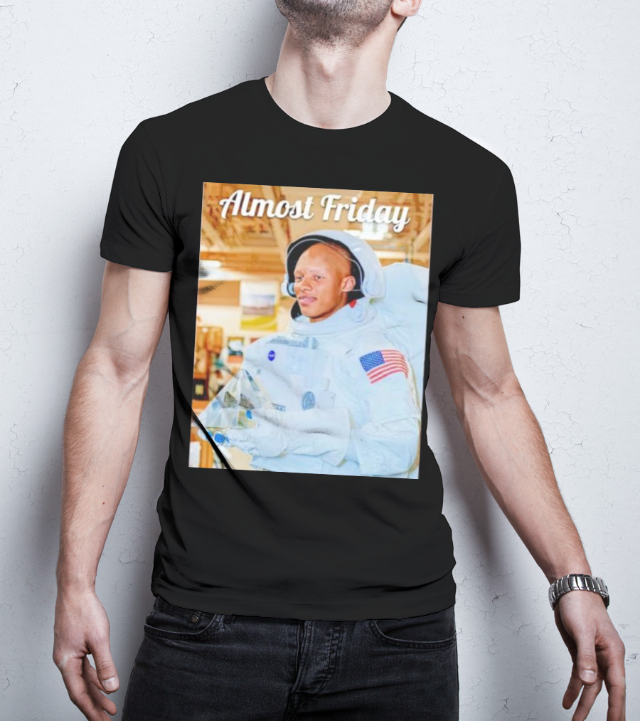 Almost Friday Astronaut Holding Crystal Model In NASA Spacesuit With American Flag Patch T-Shirt