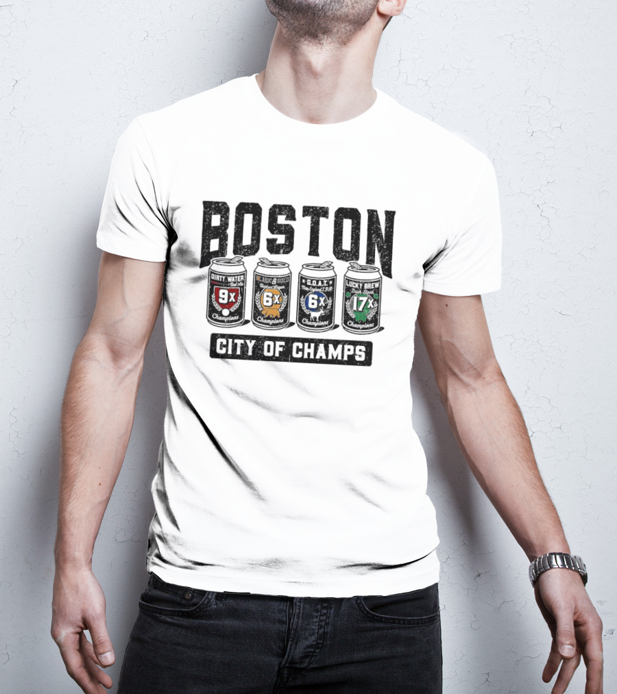 Boston City Of Champs Dirty Water Run And Gold G.O.A.T. Lucky Brew Champions 4-Pack T-Shirt