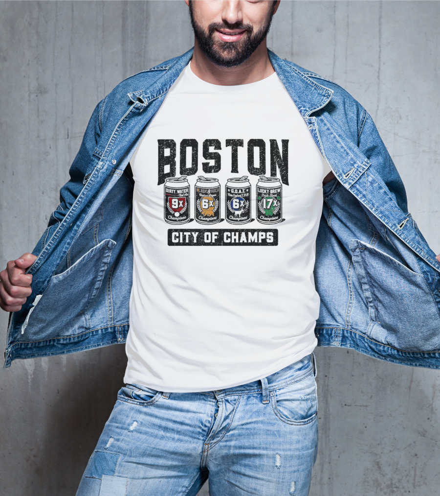 Boston City Of Champs Dirty Water Run And Gold G.O.A.T. Lucky Brew Champions 4-Pack T-Shirt