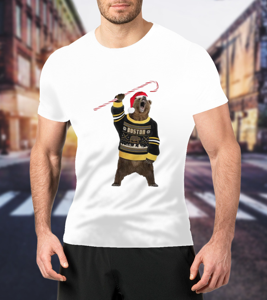 Boston Bear Christmas Holiday Sweater Santa Hat Candy Cane T-Shirt