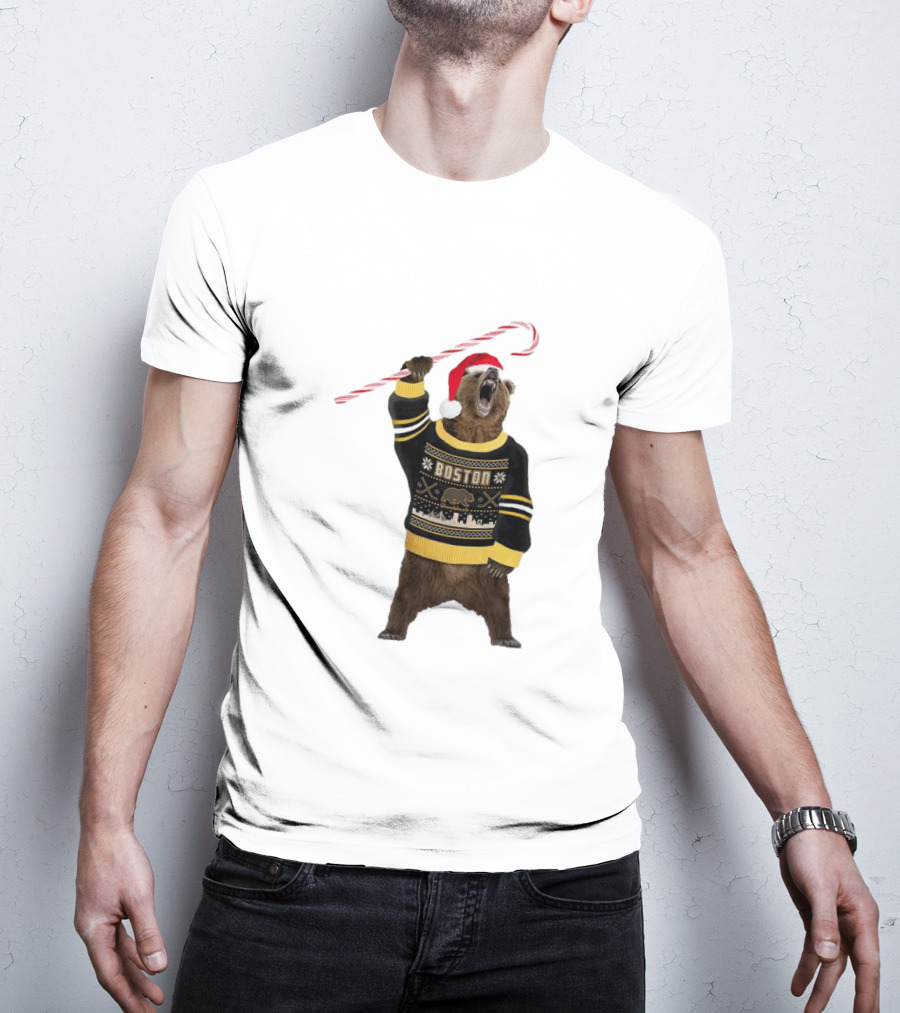 Boston Bear Christmas Holiday Sweater Santa Hat Candy Cane T-Shirt
