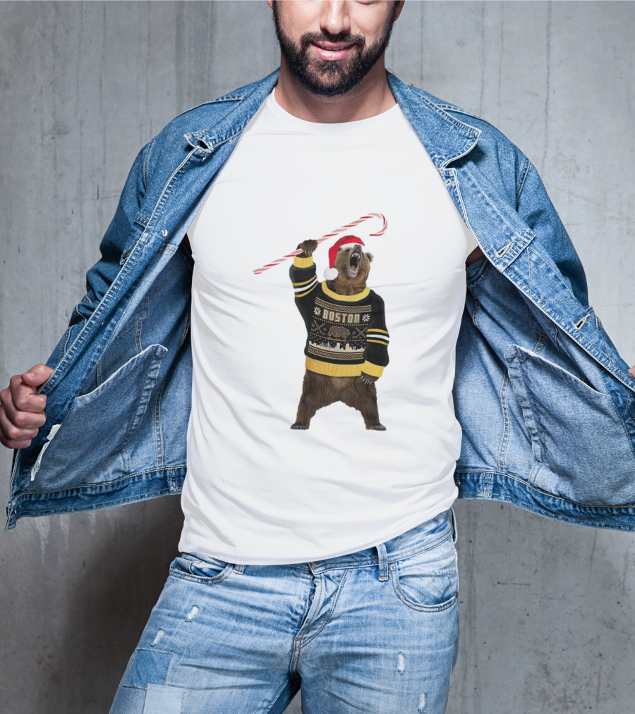 Boston Bear Christmas Holiday Sweater Santa Hat Candy Cane T-Shirt