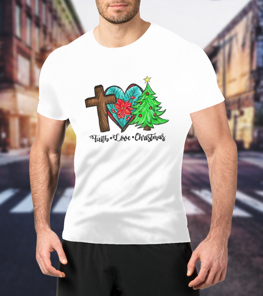 Faith Love Christmas Cross Poinsettia Tree T-Shirt