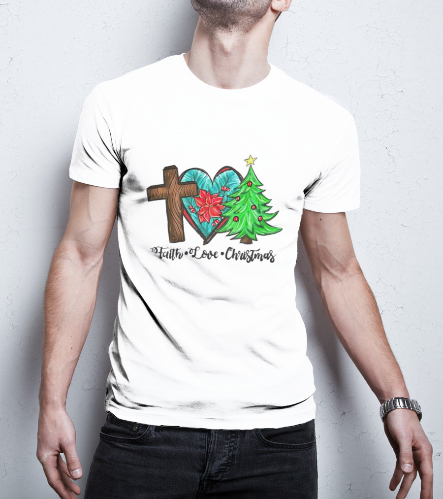 Faith Love Christmas Cross Poinsettia Tree T-Shirt
