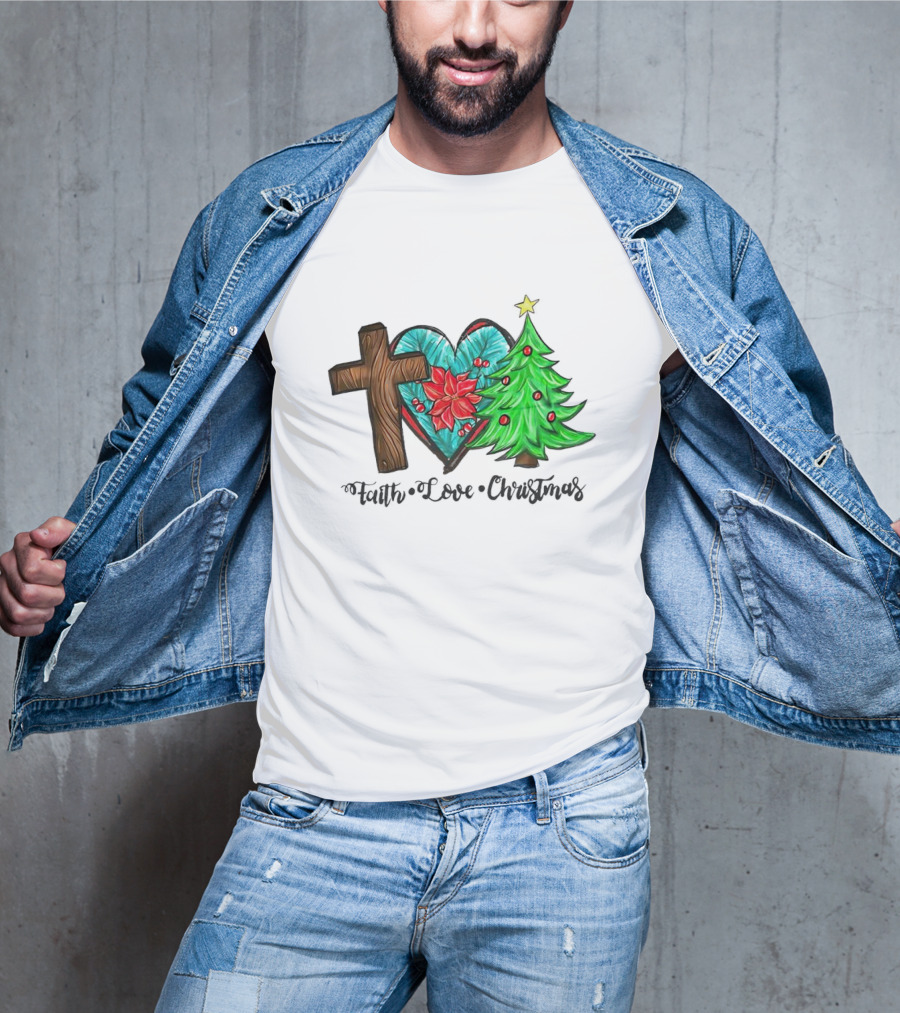 Faith Love Christmas Cross Poinsettia Tree T-Shirt