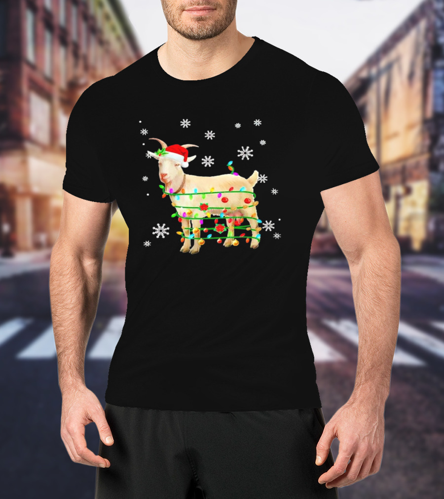 Goat Wrapped In Christmas Lights With Santa Hat And Snowflakes T-Shirt