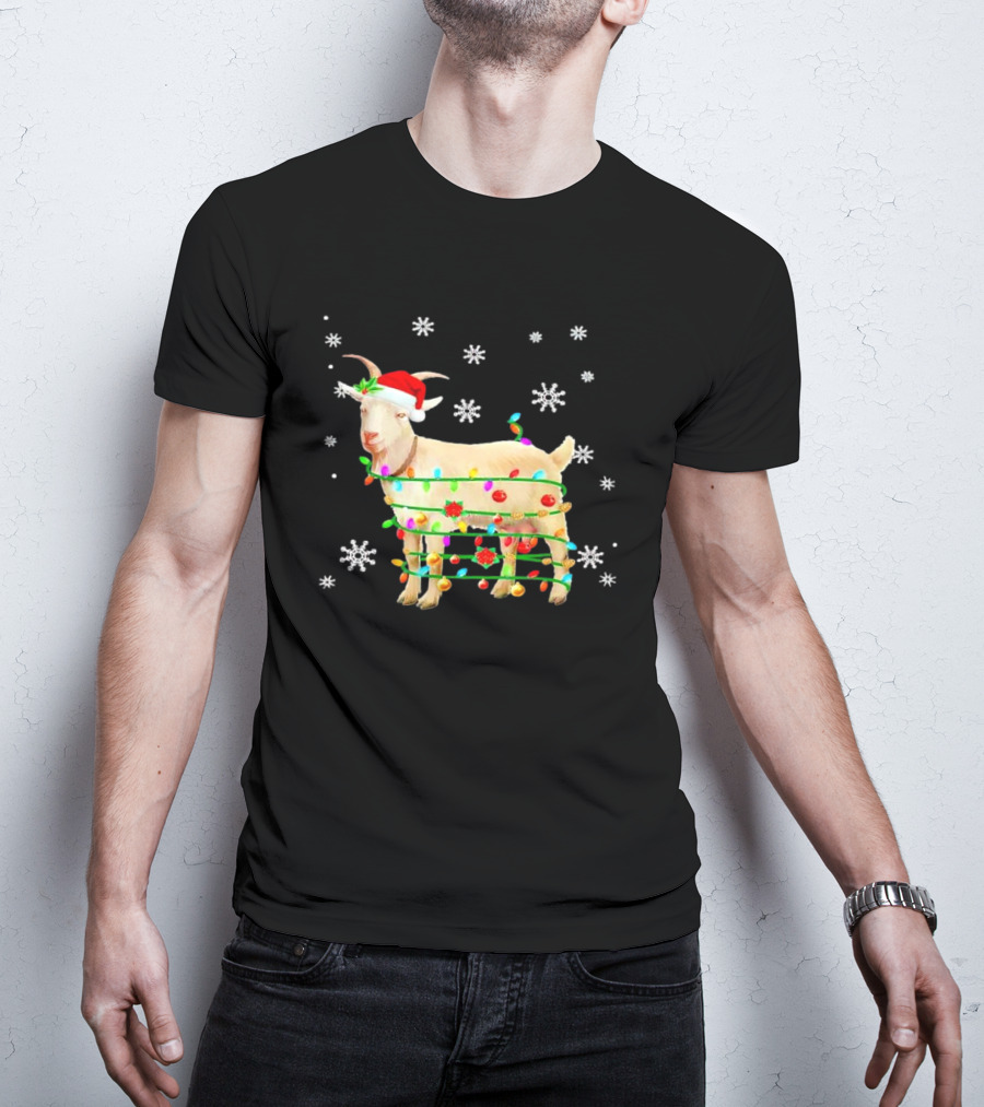 Goat Wrapped In Christmas Lights With Santa Hat And Snowflakes T-Shirt