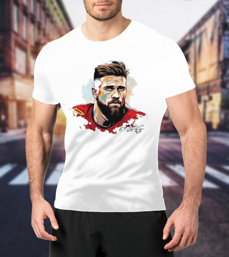 Travis Kelce Signed Portrait Artwork In Red Jersey T-Shirt