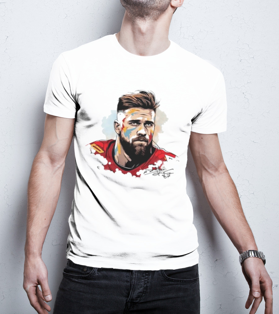 Travis Kelce Signed Portrait Artwork In Red Jersey T-Shirt