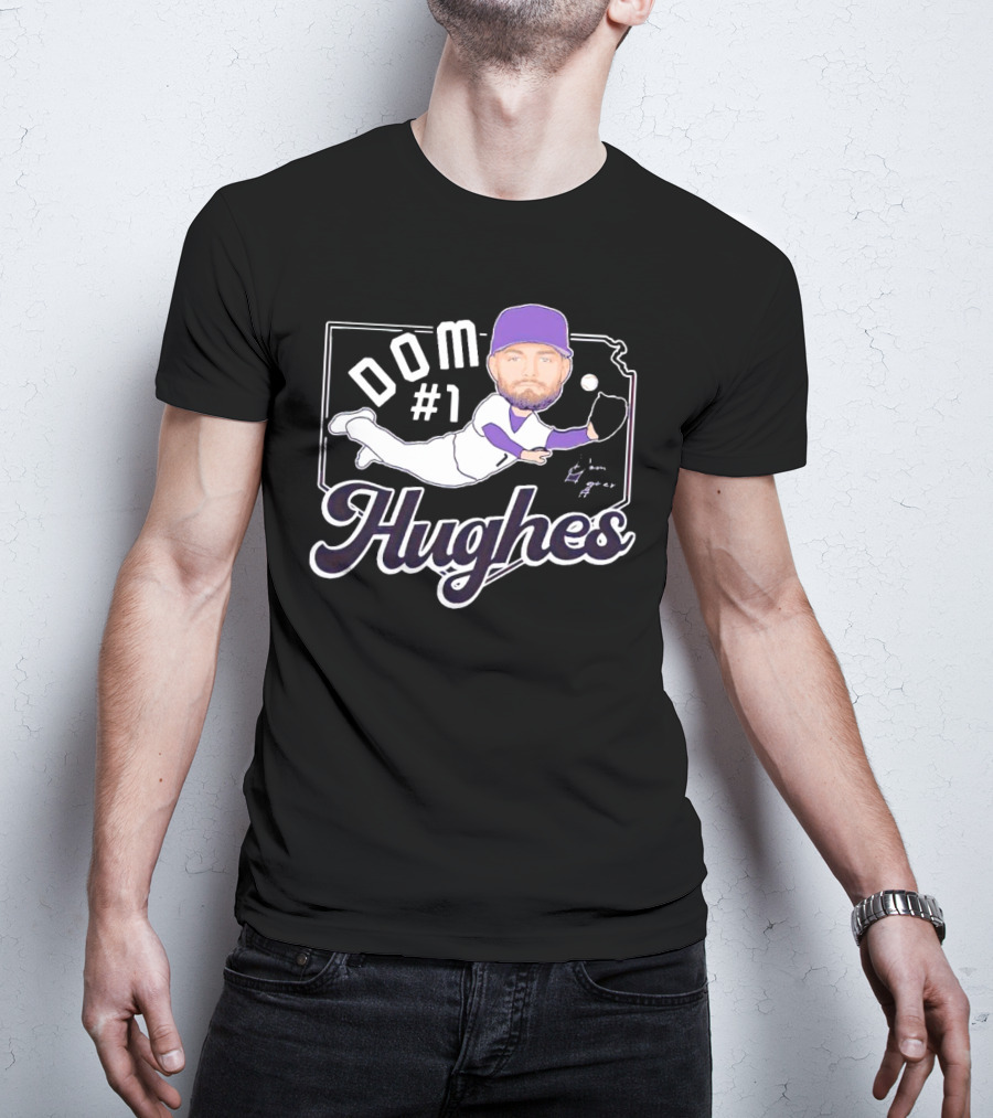 Dom #1 Hughes Caricature Baseball Player Signature T-Shirt