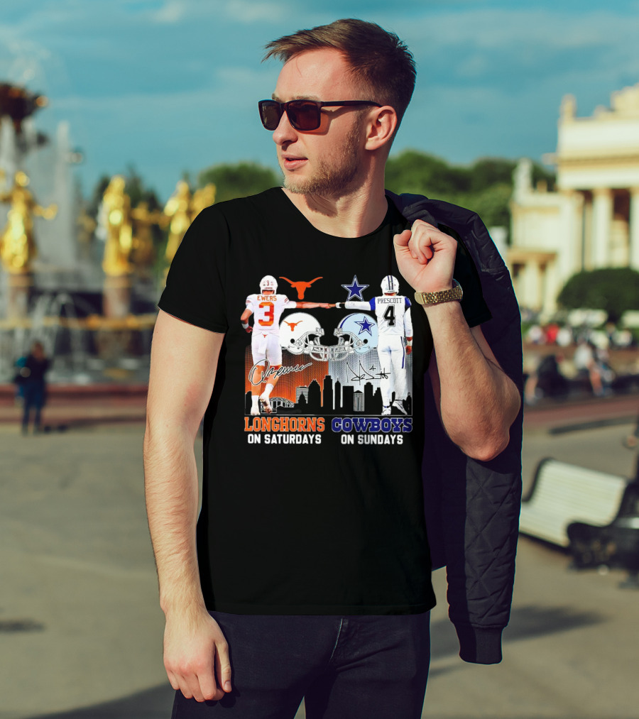 Ewers Longhorns On Saturdays Prescott Cowboys On Sundays Football Helms And Skyline T-Shirt