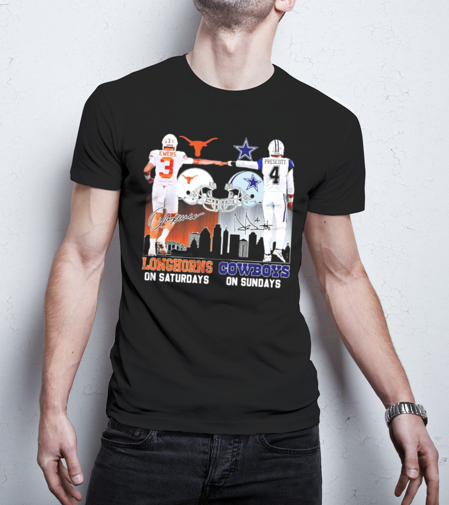Ewers Longhorns On Saturdays Prescott Cowboys On Sundays Football Helms And Skyline T-Shirt