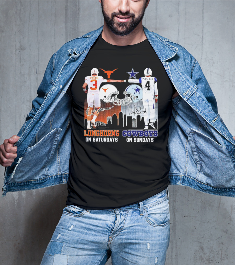 Ewers Longhorns On Saturdays Prescott Cowboys On Sundays Football Helms And Skyline T-Shirt