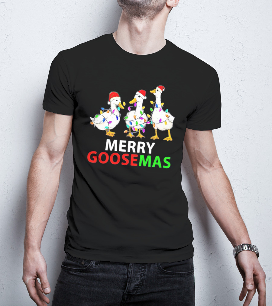 Merry Goosemas Santa Hat Geese Wrapped In Christmas Lights T-Shirt