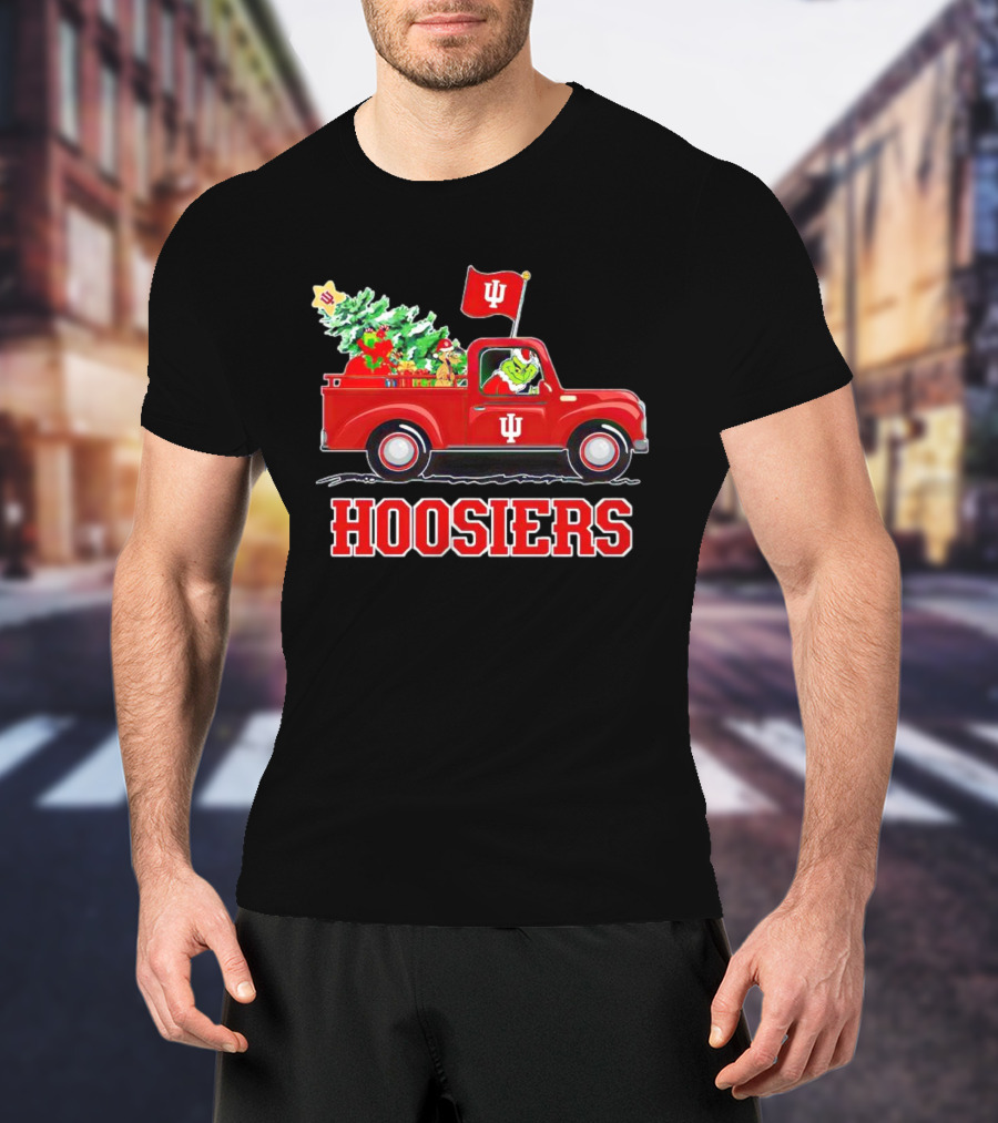 Grinch Driving Indiana Hoosiers Christmas Truck With Holiday Tree T-Shirt