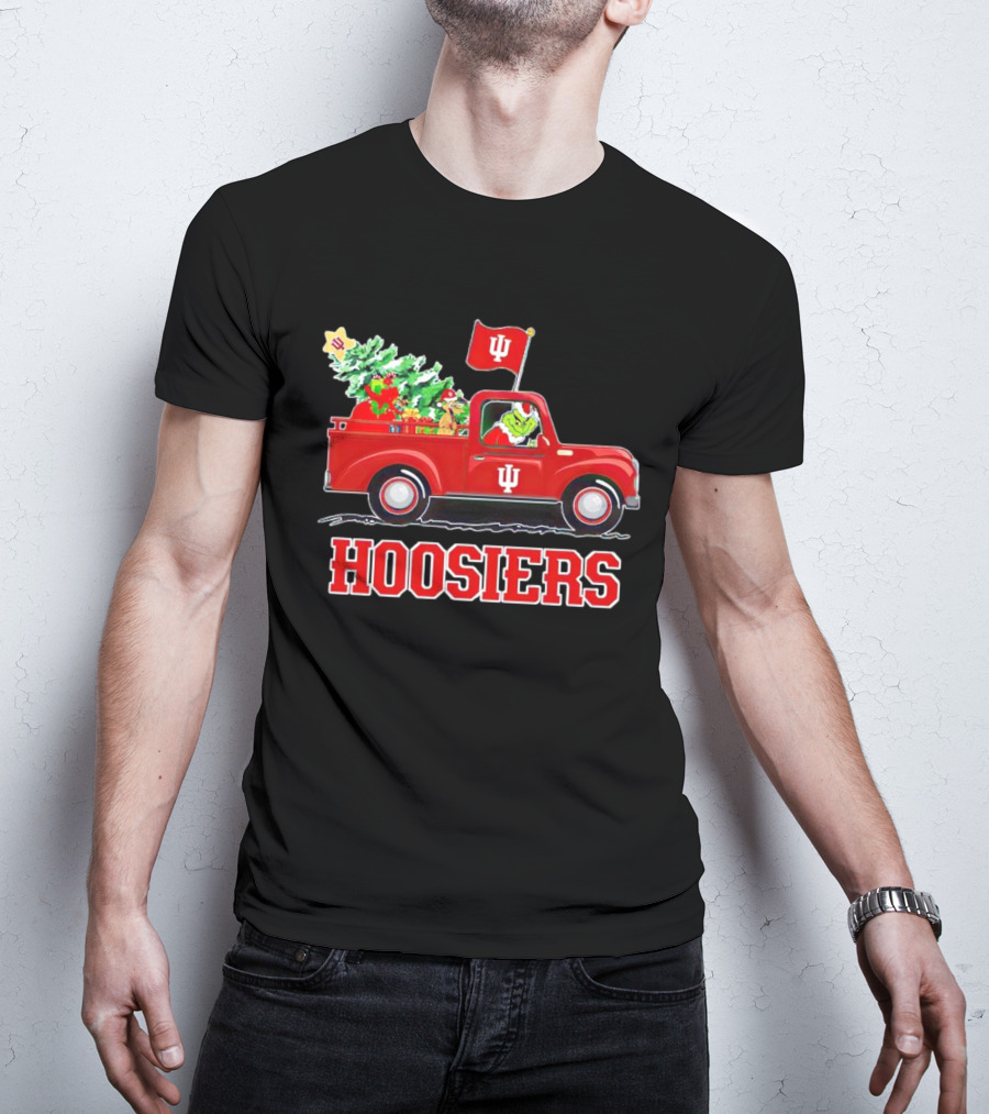 Grinch Driving Indiana Hoosiers Christmas Truck With Holiday Tree T-Shirt