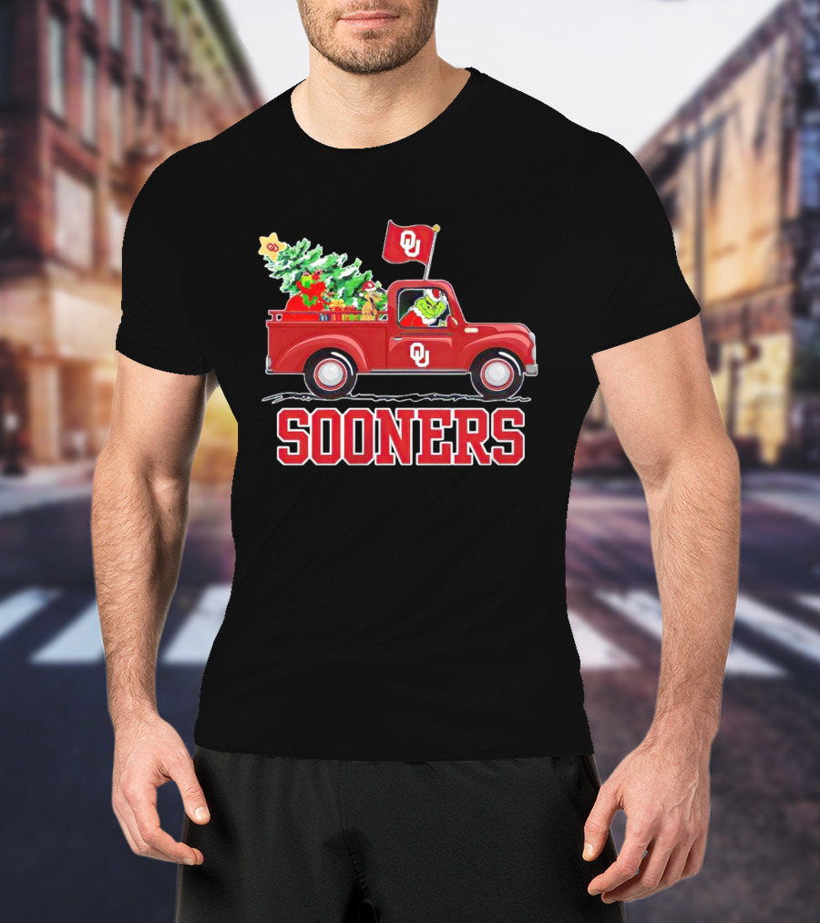 Grinch Driving Red Truck With Christmas Tree Oklahoma Sooners T-Shirt
