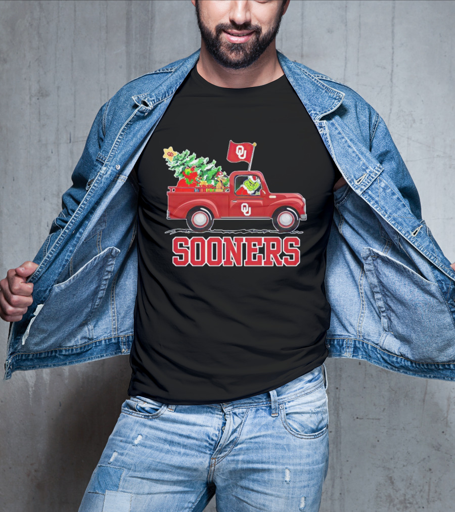 Grinch Driving Red Truck With Christmas Tree Oklahoma Sooners T-Shirt