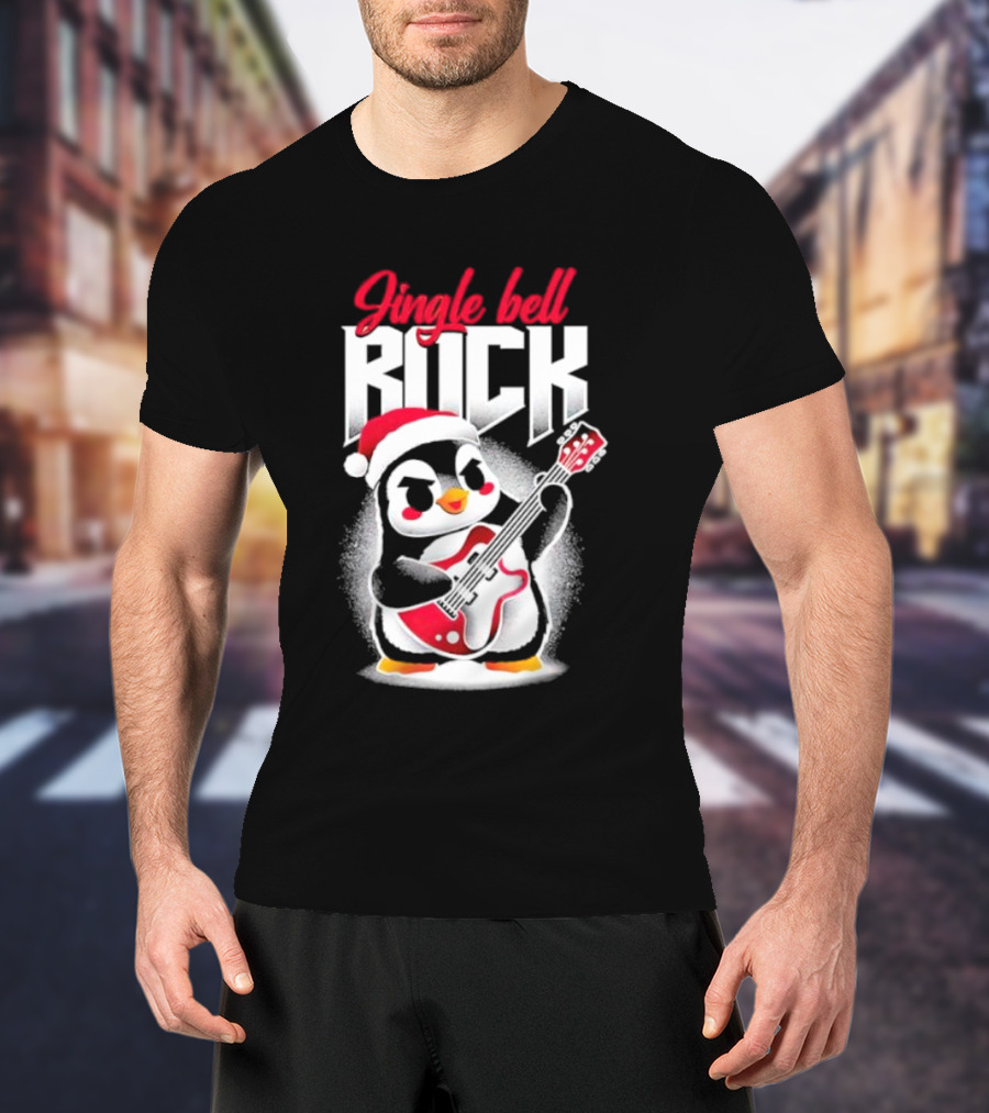 Jingle Bell Rock Penguin Playing Christmas Guitar In Santa Hat T-Shirt