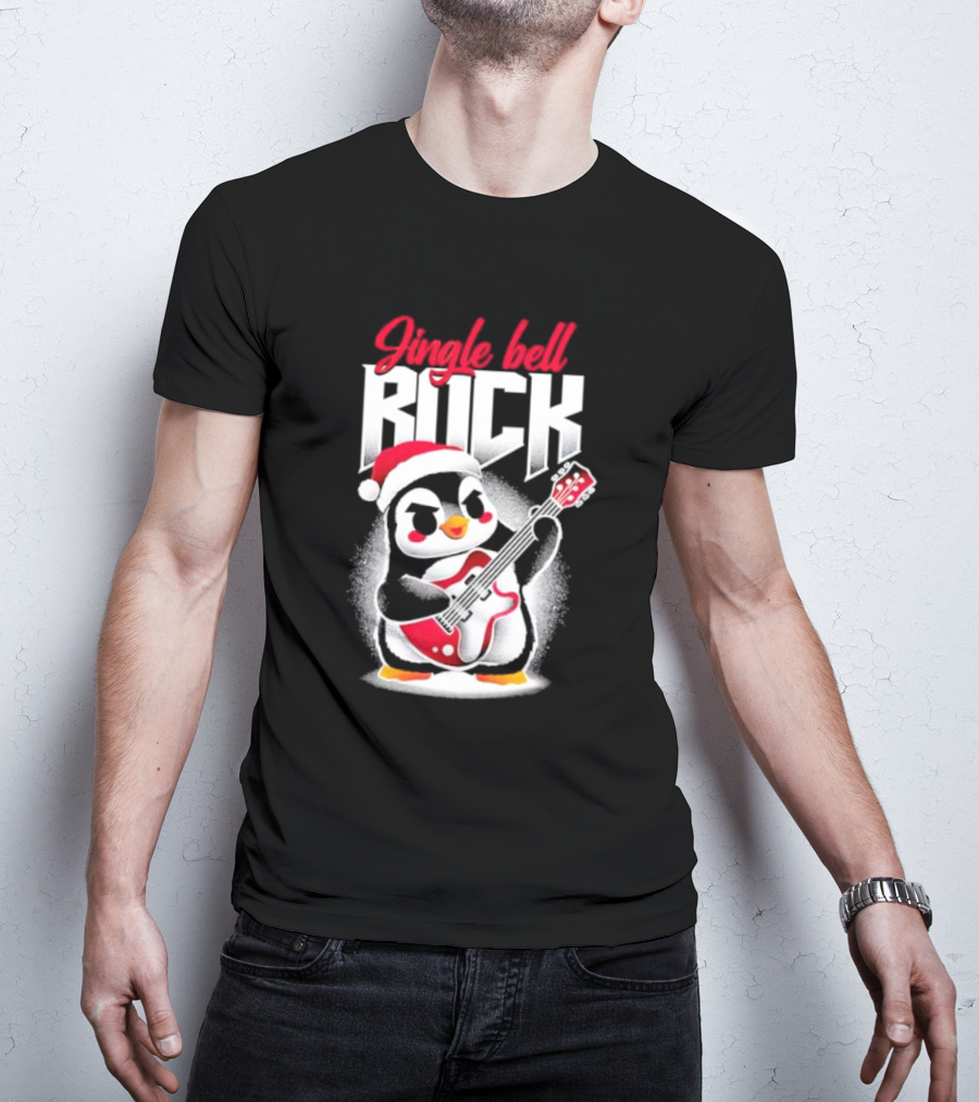 Jingle Bell Rock Penguin Playing Christmas Guitar In Santa Hat T-Shirt