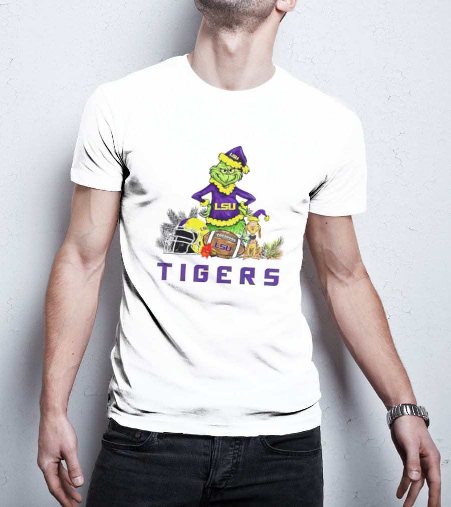 LSU Tigers Grinch And Max Dog Christmas Football T-Shirt
