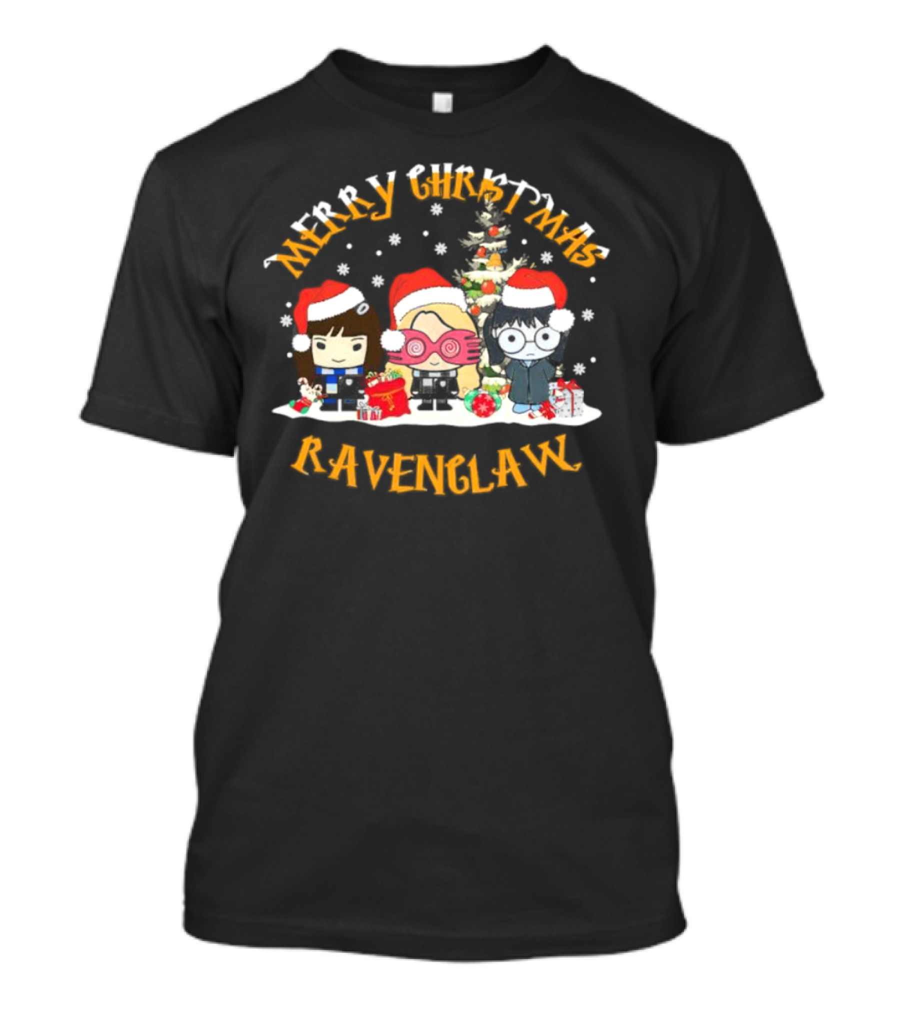 Merry Christmas Ravenclaw Characters With Santa Hats And Christmas Tree T-Shirt