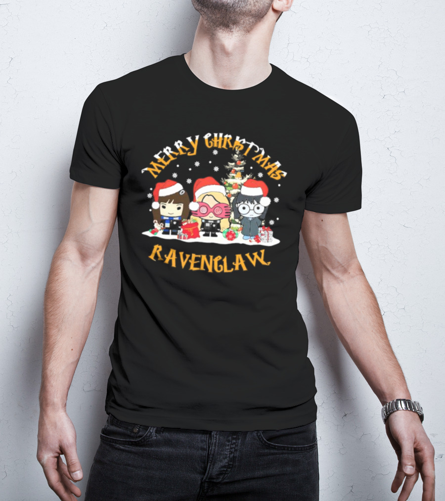 Merry Christmas Ravenclaw Characters With Santa Hats And Christmas Tree T-Shirt