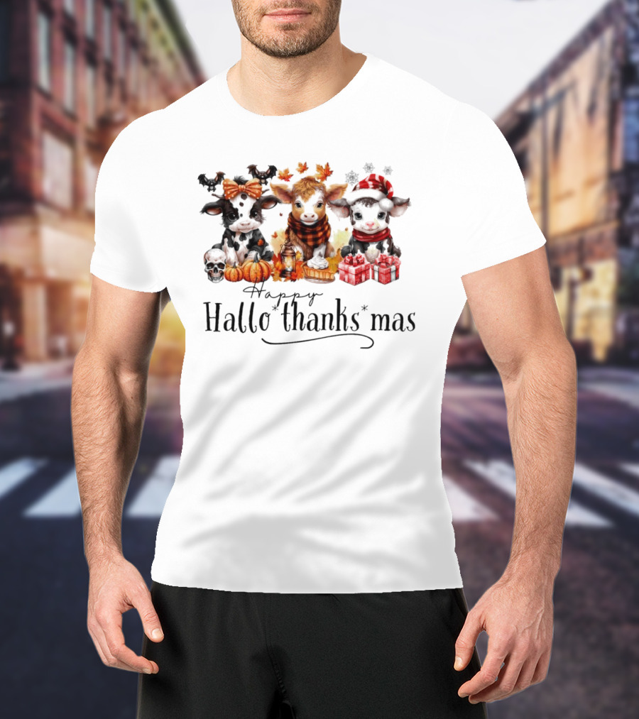 Happy HalloThanksMas Baby Cows With Pumpkins And Gifts T-Shirt