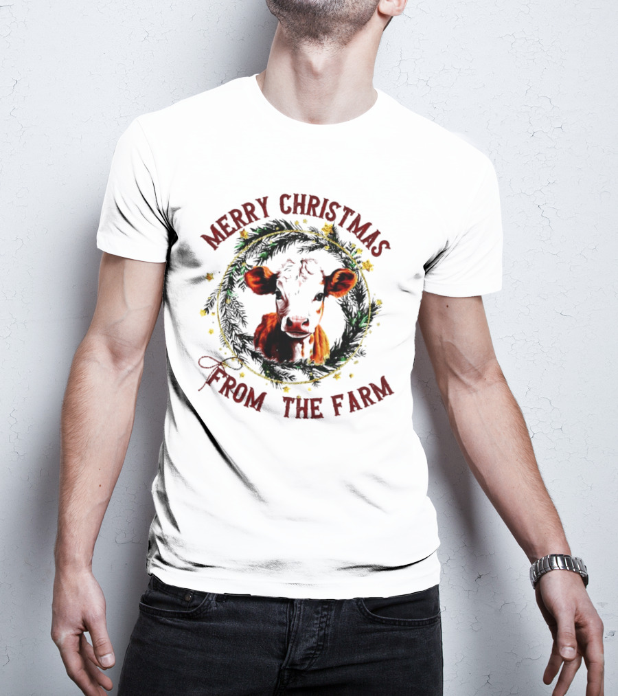 Merry Christmas Cow Wreath From The Farm T-Shirt