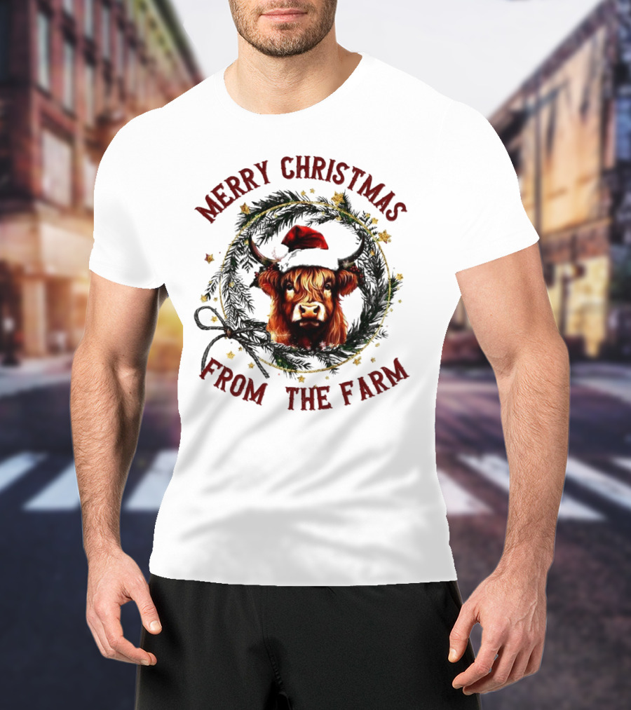 Merry Christmas From The Farm Cow Highland Christmas Wreath T-Shirt