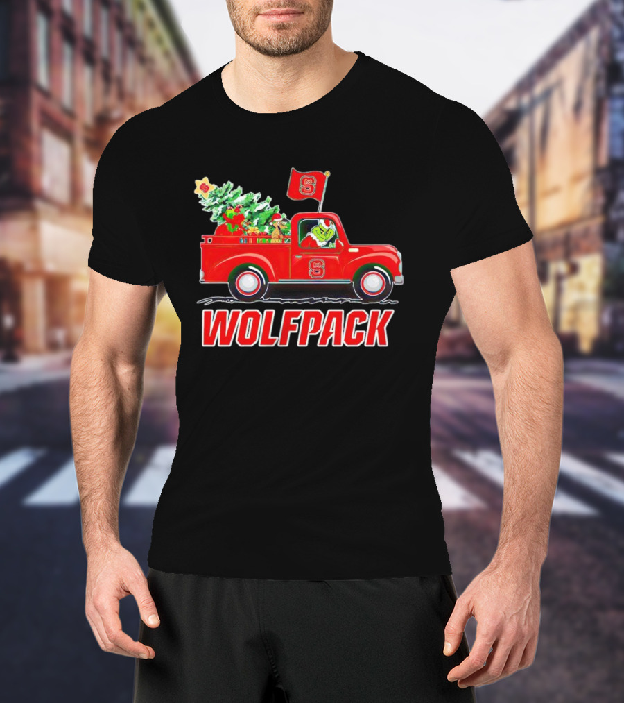 Grinch Driving NC State Wolfpack Christmas Truck With Tree And Flag T-Shirt
