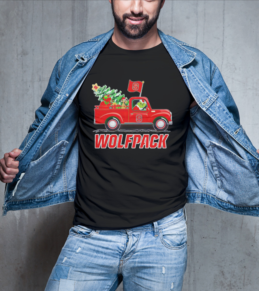 Grinch Driving NC State Wolfpack Christmas Truck With Tree And Flag T-Shirt