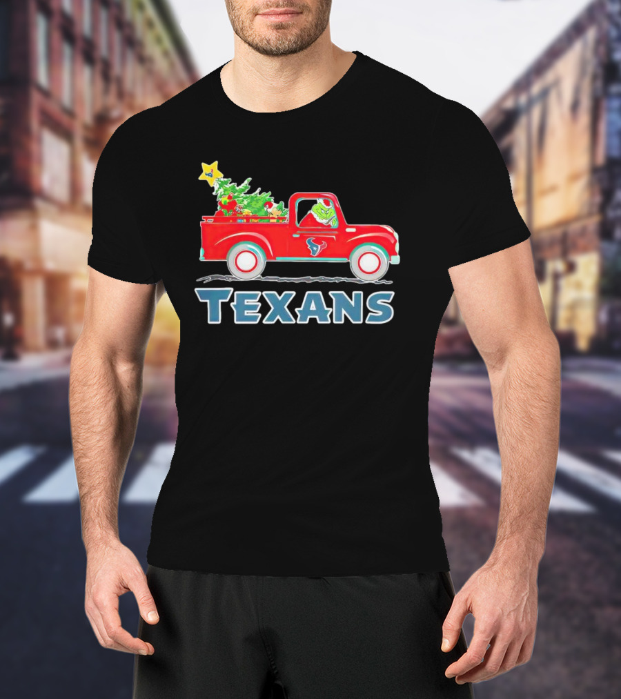 Grinch Driving Red Christmas Truck With Houston Texans T-Shirt