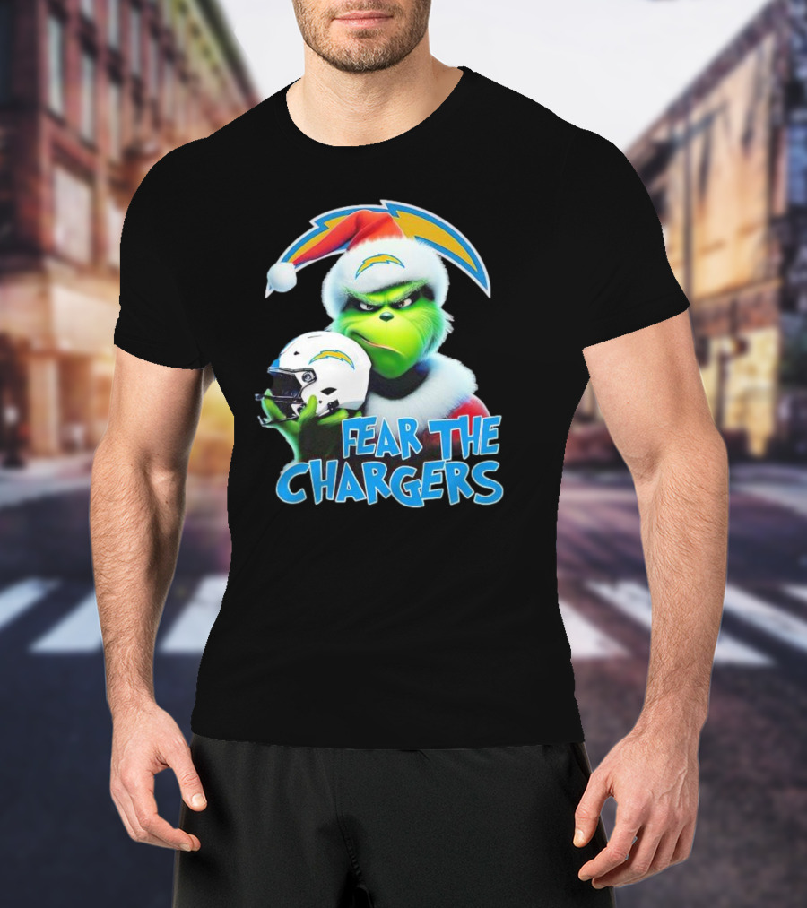 Grinch Santa Holding Los Angeles Chargers Helmet Fear The Chargers T-Shirt