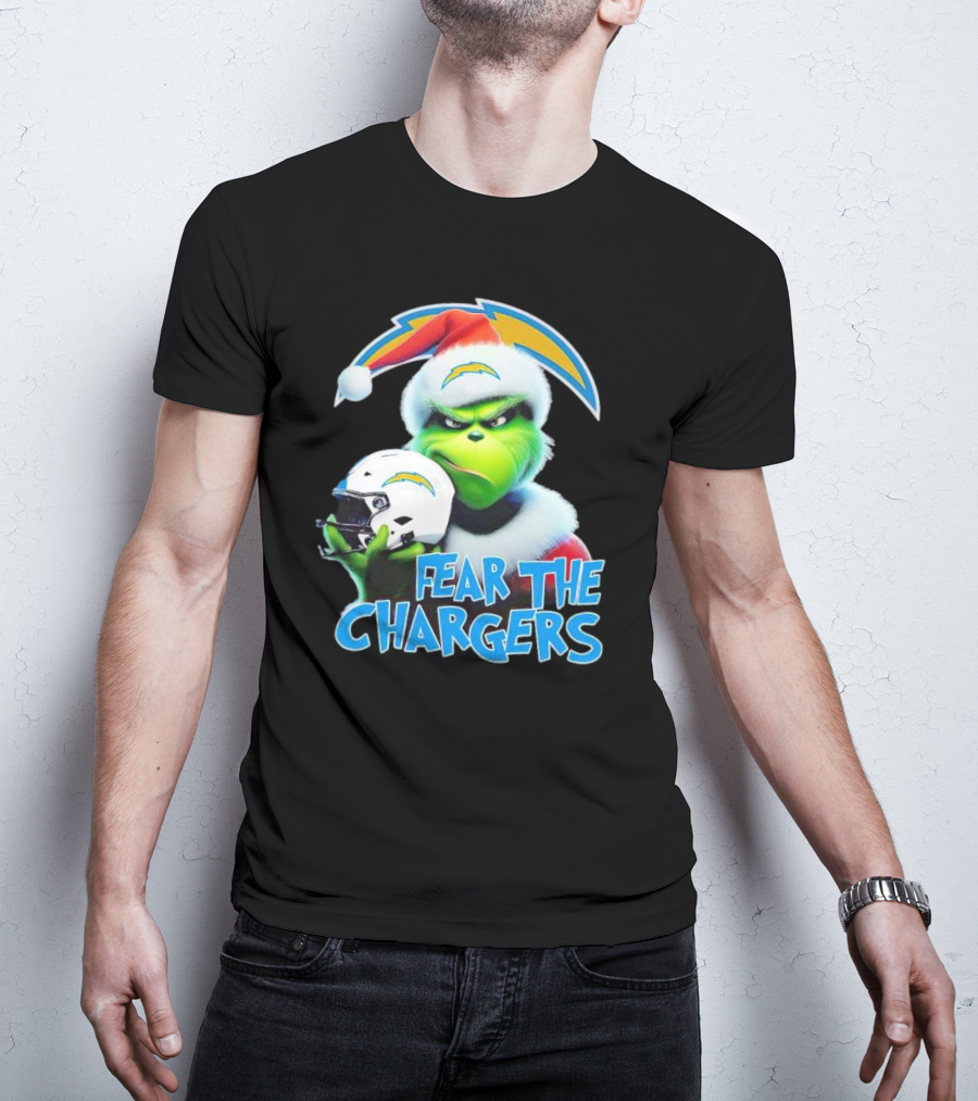 Grinch Santa Holding Los Angeles Chargers Helmet Fear The Chargers T-Shirt