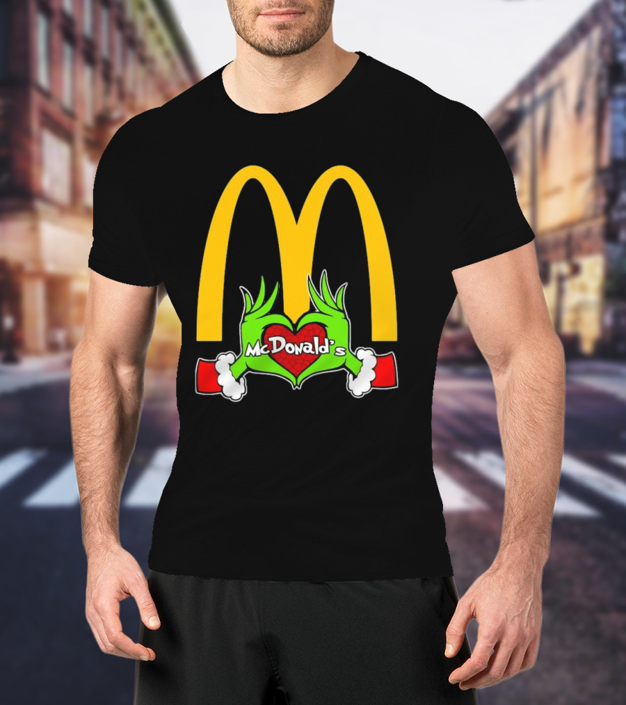 Grinch Holding Heart McDonald’s Logo Christmas T-Shirt