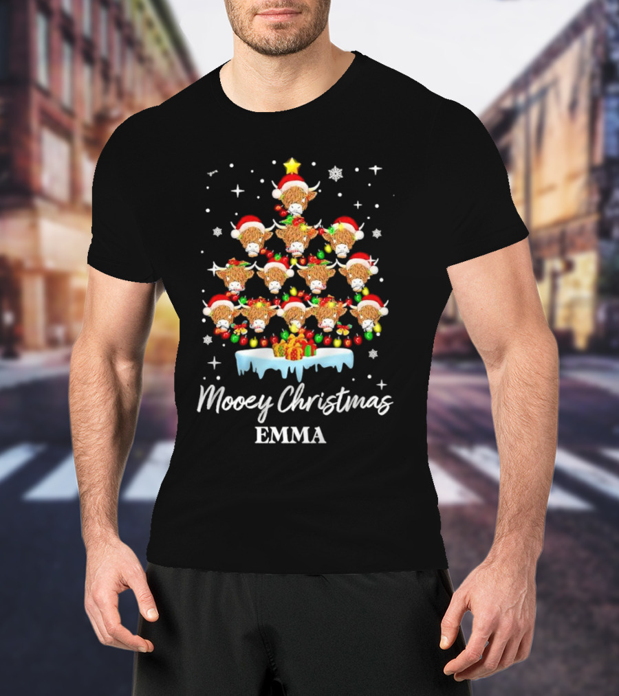 Mooey Christmas Highland Cow Tree Custom Name Emma T-Shirt