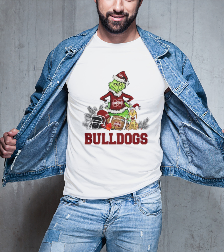 Bulldogs Grinch Max Dog Christmas Football Santa Hat T-Shirt