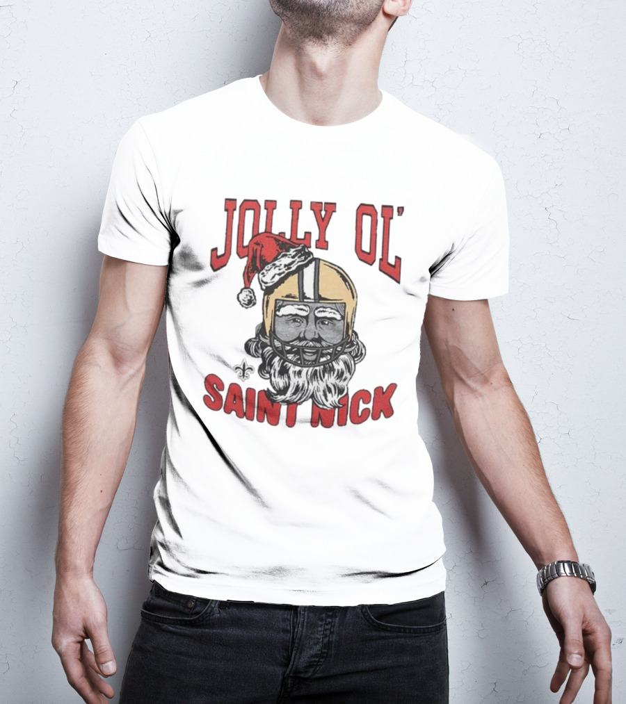 New Orleans Saints Jolly Ol’ Saint Nick With Santa Hat And Fleur-de-Lis Football Helmet Christmas T-Shirt