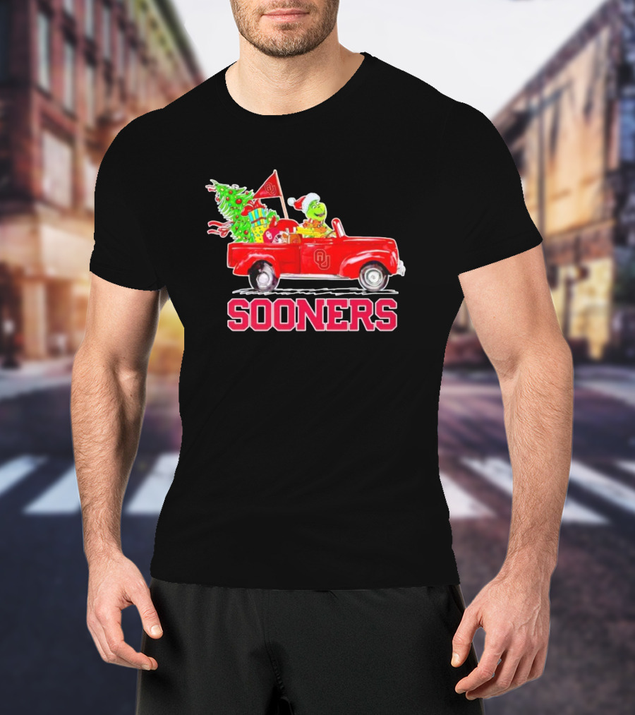 Sooners Grinch Driving Red Truck With Christmas Tree And Gifts T-Shirt