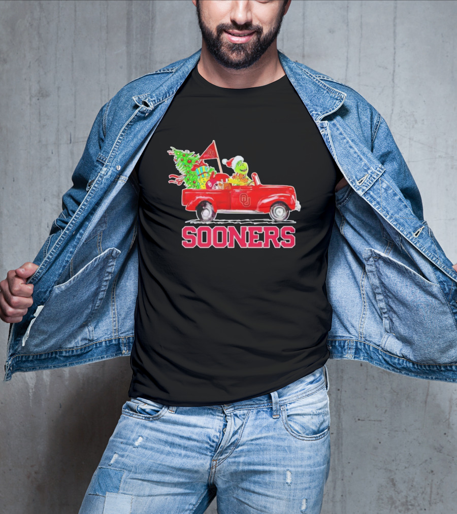 Sooners Grinch Driving Red Truck With Christmas Tree And Gifts T-Shirt
