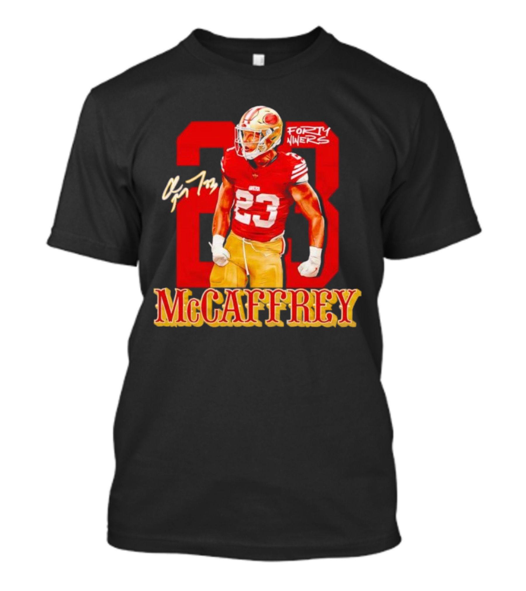 Christian McCaffrey 23 Forty Niners Red And Gold NFL Football Player T-Shirt