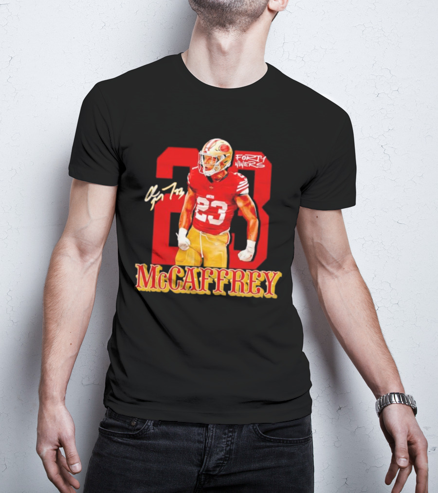 Christian McCaffrey 23 Forty Niners Red And Gold NFL Football Player T-Shirt