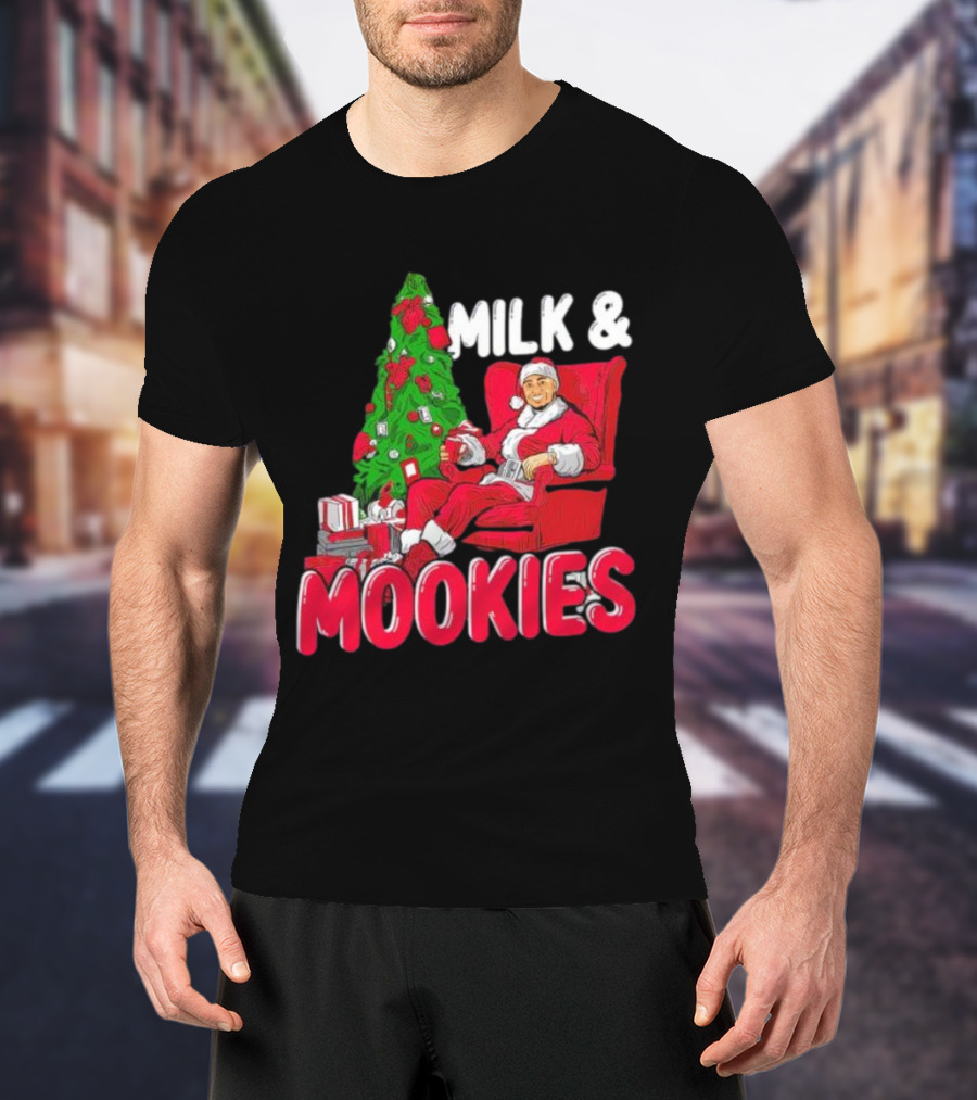 Christmas Milk And Mookies Santa By Tree T-Shirt