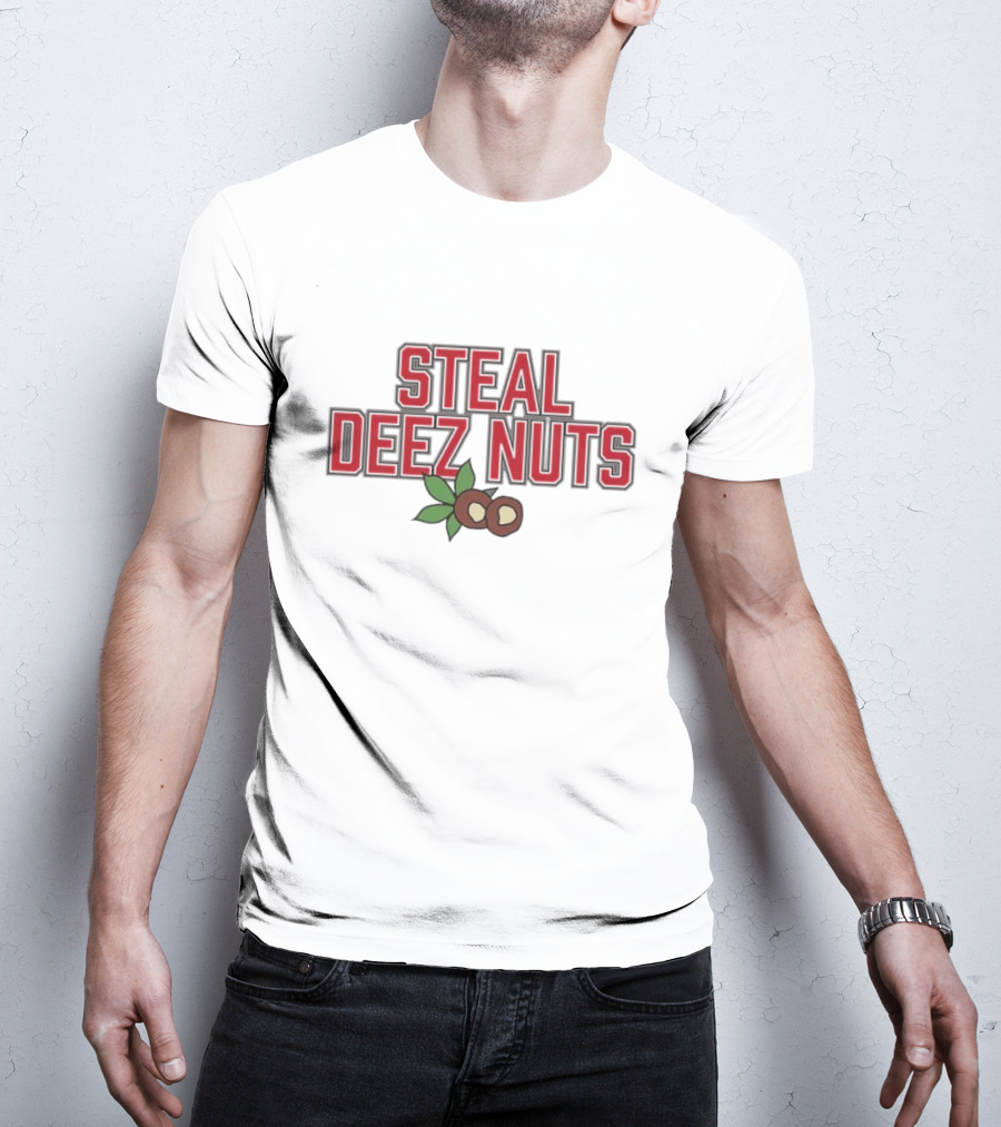 Steal Deez Nuts Christmas Humor Red Text With Hazelnuts And Leaves T-Shirt